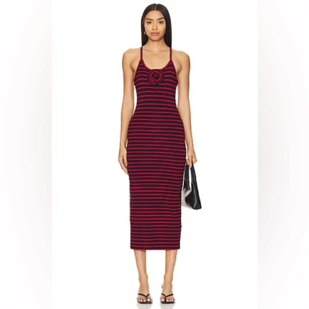 LOVERS AND FRIENDS Carmen Midi Dress in Black & Red Stripe size S
